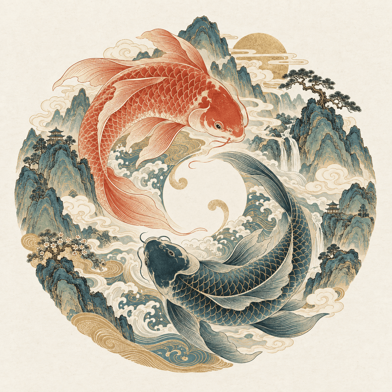 朱砂与青绿双鱼环游于山水云气之间的原创插画